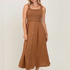 Wishlist Smocked Sleeveless Button Down Midi Dress Brown Large NWT IN PKG